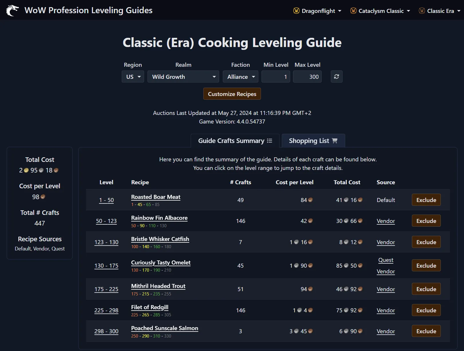 WoW Classic Cooking Leveling Recipes